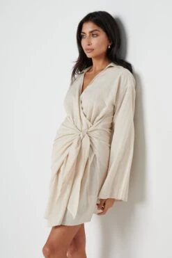 Louis Tie Mini Dress - Sand -Outlet Stylistae Store Louis tie dress cream 1362