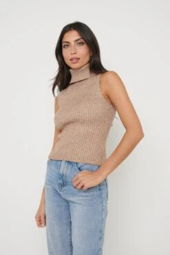 Lulu Sleeveless Ribbed Roll Neck - Beige