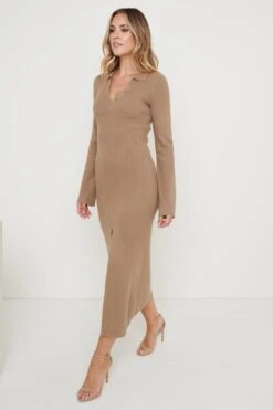 Luna Button V-Neck Knit Dress - Taupe 9 Luna Button V-Neck Knit Dress - Taupe -Outlet Stylistae Store Luna Knit Dress Taupe 1047