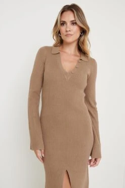 Luna Button V-Neck Knit Dress - Taupe 8 Luna Button V-Neck Knit Dress - Taupe -Outlet Stylistae Store Luna Knit Dress Taupe 1070