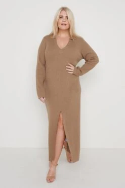 Luna Button V-Neck Knit Dress - Taupe 10 Luna Button V-Neck Knit Dress - Taupe -Outlet Stylistae Store Luna Knit Dress Taupe 1935