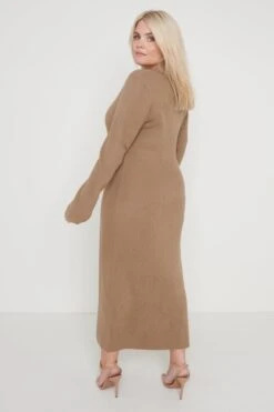 Luna Button V-Neck Knit Dress - Taupe 11 Luna Button V-Neck Knit Dress - Taupe -Outlet Stylistae Store Luna Knit Dress Taupe 1956