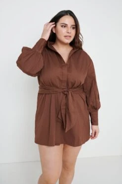 Mabel Mini Shirt Dress- Brown -Outlet Stylistae Store Mabel shirt dress brown 4612