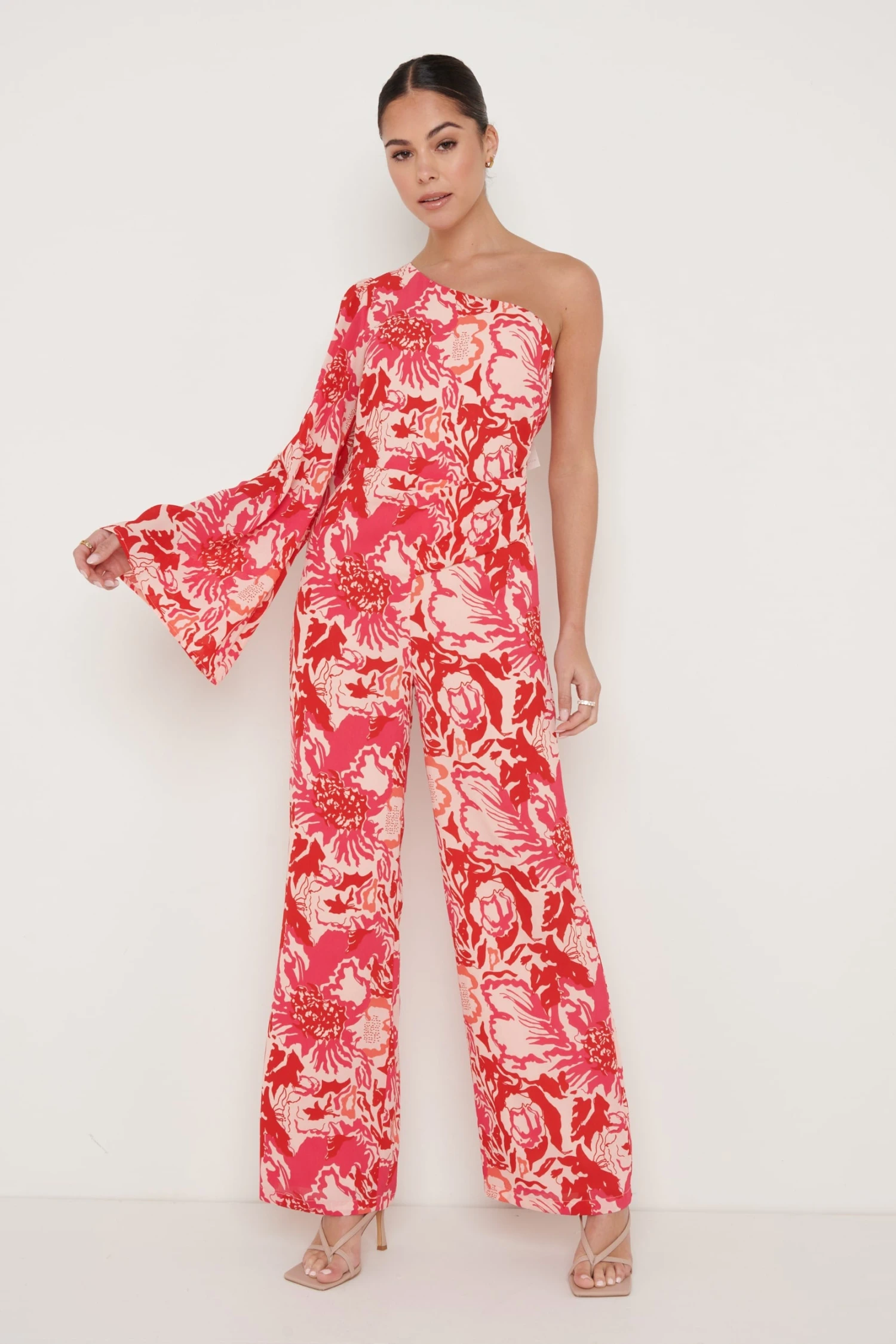 Maddie One Shoulder Printed Jumpsuit - Pink And Red Floral 2 Maddie One Shoulder Printed Jumpsuit - Pink And Red Floral - Image 2
