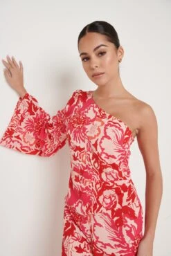 Maddie One Shoulder Printed Jumpsuit - Pink And Red Floral