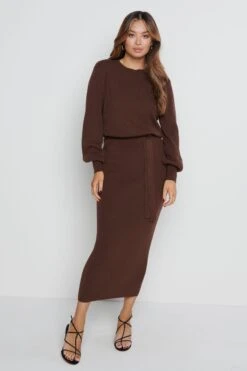 Mae Crew Neck Knit Dress - Forest Gateau -Outlet Stylistae Store Mae dress brown 4845