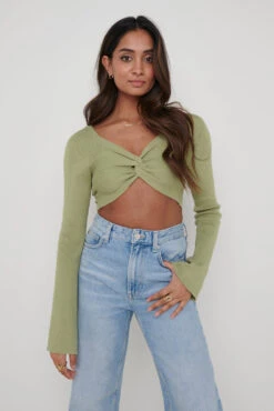 Maisie Long Sleeve Twist Knit Top - Olive