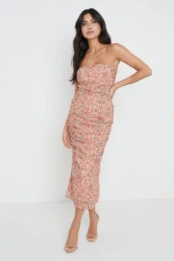 Matilda Ruched Midaxi Dress - Orange Ditsy Floral