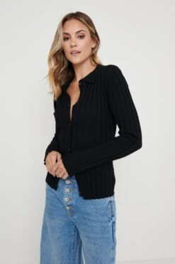 Micah Ribbed Knit Button Shirt - Black