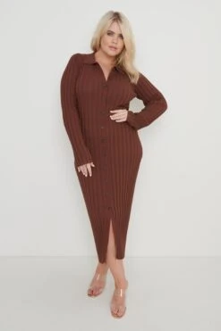 Micah Ribbed Midaxi Knit Dress - Brown -Outlet Stylistae Store Micah Midaxi Ribbed Dress Brown Curve17