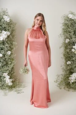 Odelle Maxi Bridesmaid Dress - Matte Apricot Pink -Outlet Stylistae Store ODELLE SATIN APRICOT 2813