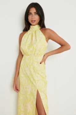 Odelle Backless Halter Tie Dress - Chartreuse Floral -Outlet Stylistae Store Odelle Backless Dress Print 3129
