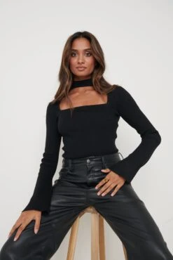 Posie High Neck Cut Out Knit Top - Black
