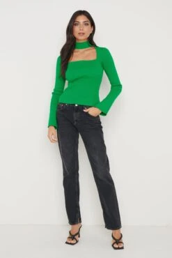 Posie High Neck Cut Out Knit Top - Bright Green -Outlet Stylistae Store Posie Top Green 620