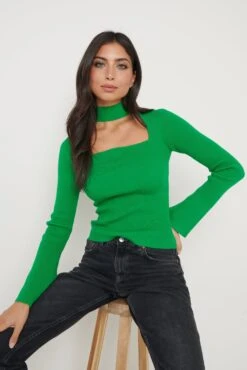 Posie High Neck Cut Out Knit Top - Bright Green -Outlet Stylistae Store Posie Top Green 637