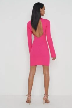 Priscilla High Neck Backless Mini Knit Dress - Pink -Outlet Stylistae Store Priscilla High Neck Dress Pink 2636
