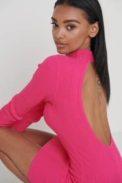 Priscilla High Neck Backless Mini Knit Dress - Pink -Outlet Stylistae Store Priscilla High Neck Dress Pink 2643