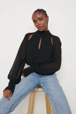 Romy Cut Out High Neck Blouse - Black