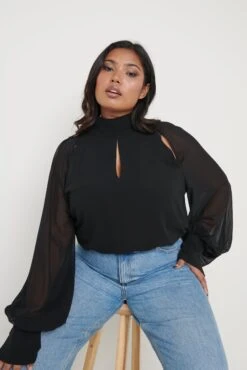 Romy Cut Out High Neck Blouse - Black 12 Romy Cut Out High Neck Blouse - Black -Outlet Stylistae Store Romy Blouse Black Curve 2604