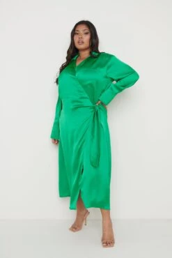 Ronnie Recycled Satin Wrap Dress - Emerald Green -Outlet Stylistae Store Ronnie Dress Green Curve 2016