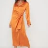 Ronnie Satin Wrap Dress - Orange