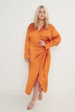 Ronnie Satin Wrap Dress - Orange -Outlet Stylistae Store Ronnie Satin Wrap Dress Orange53