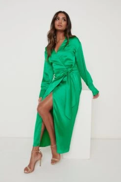 Ronnie Recycled Satin Wrap Dress - Emerald Green -Outlet Stylistae Store Ronnie Wrap Dress Green 898