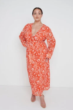 Rosslyn Tied Long Sleeve Midaxi Dress Curve - Orange Zebra -Outlet Stylistae Store Rosslyn Cutout Curve 1532