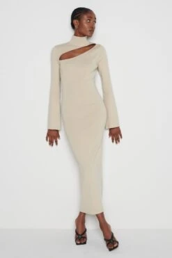 Shani Cut Out Knit Dress - Beige -Outlet Stylistae Store Shani Dress Beige 4948