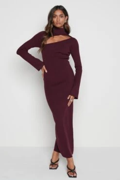 Shani Cut Out Knit Dress - Wine -Outlet Stylistae Store Shani dress wine 5012