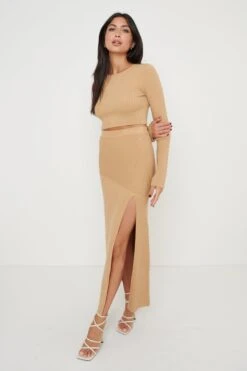 Sofia Asymmetric Knit Skirt - Camel