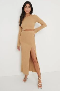Sofia Asymmetric Knit Skirt - Camel -Outlet Stylistae Store Sofia Knit Set Beige 1698