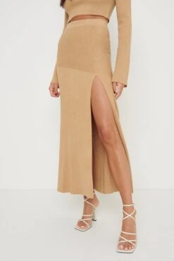 Sofia Asymmetric Knit Skirt - Camel -Outlet Stylistae Store Sofia Knit Set Beige 1745