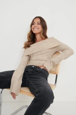 Soreya Bardot Soft Knit Top - Beige -Outlet Stylistae Store Soreya Bardot Knit Top Beige 771