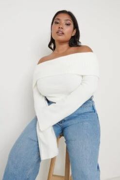 Soreya Bardot Soft Knit Top - Cream -Outlet Stylistae Store Soreya Top Cream Curve 3221