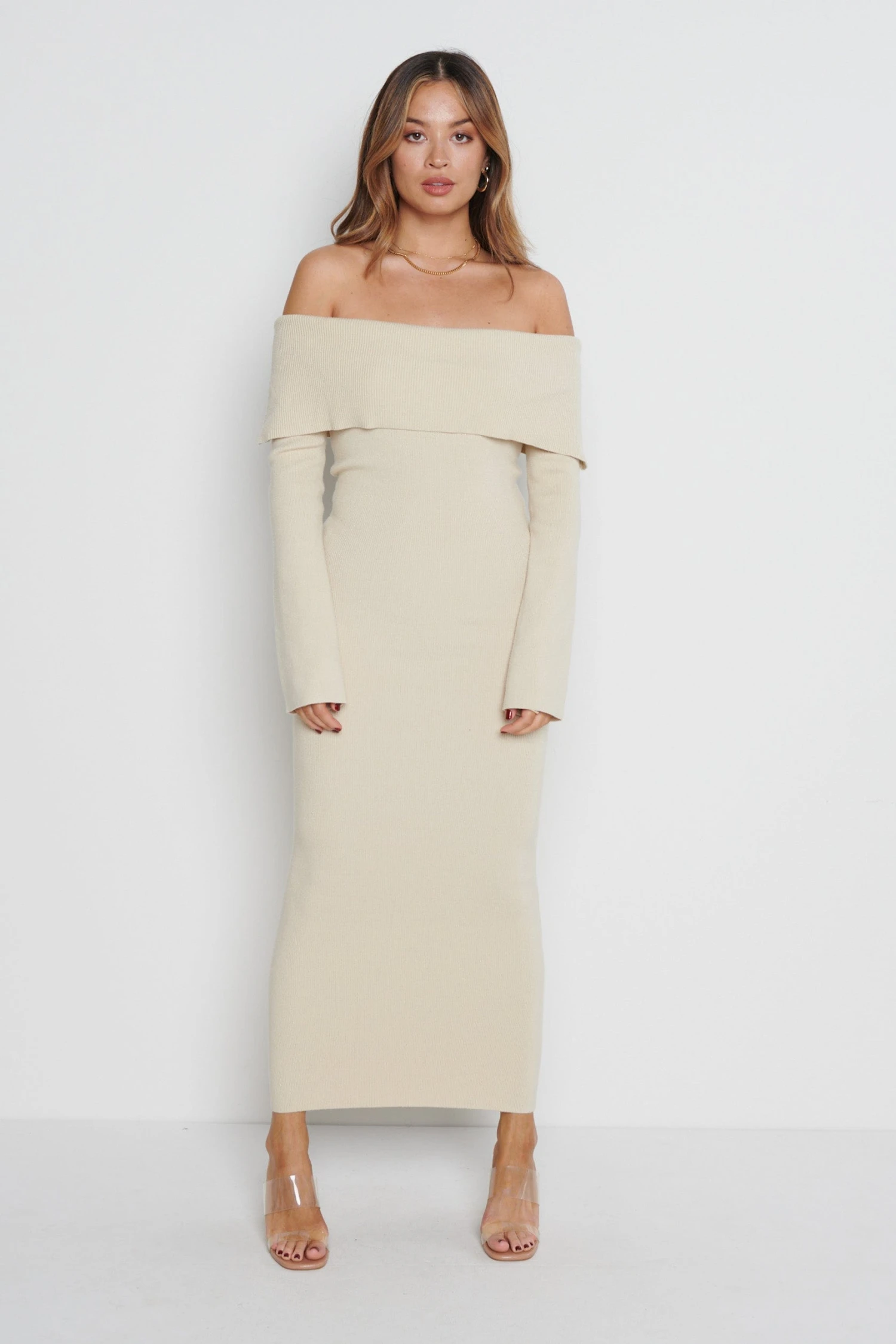 Soreya Bardot Knit Dress - Beige 5 Soreya Bardot Knit Dress - Beige - Image 5