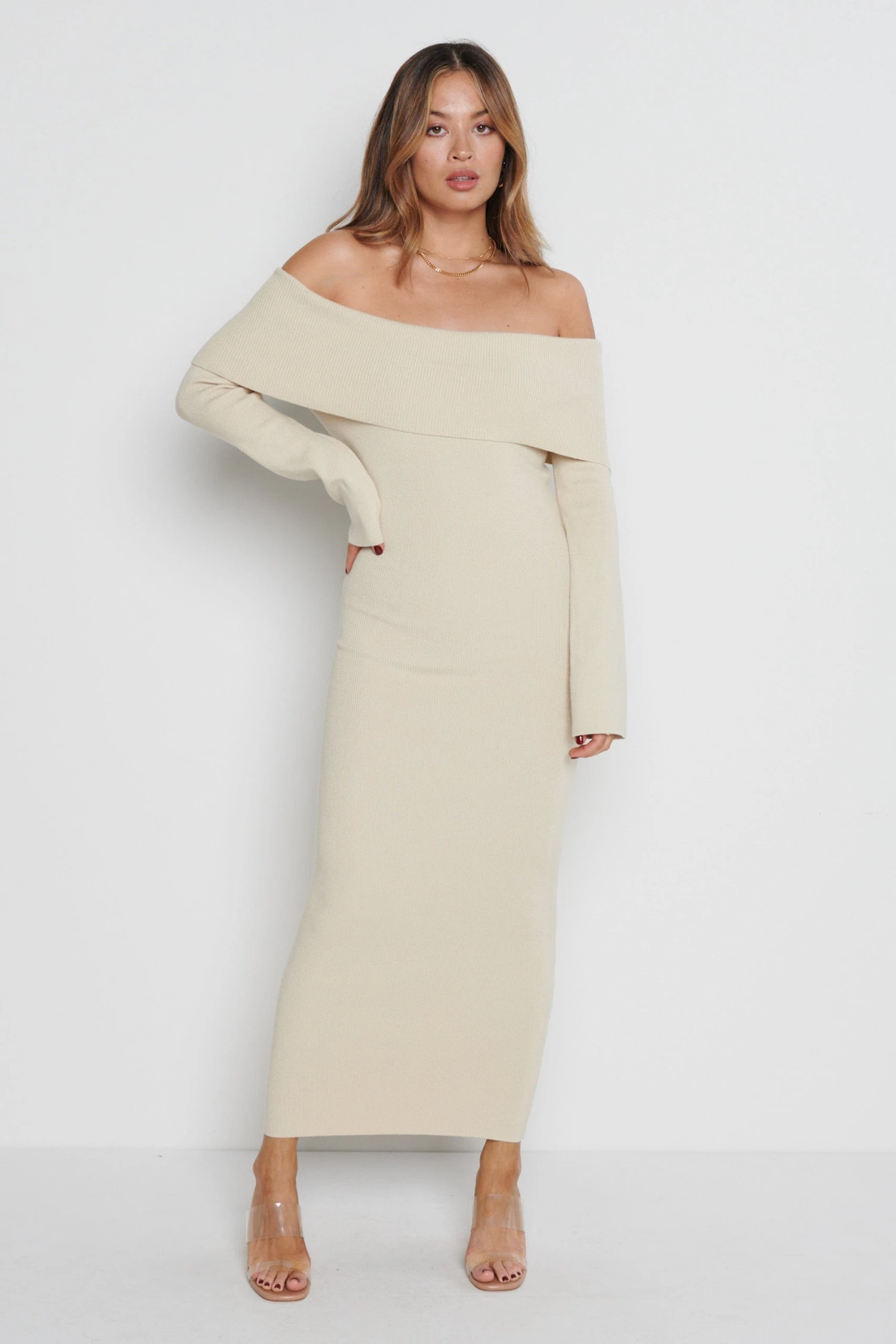 Soreya Bardot Knit Dress - Beige 1 Soreya Bardot Knit Dress - Beige