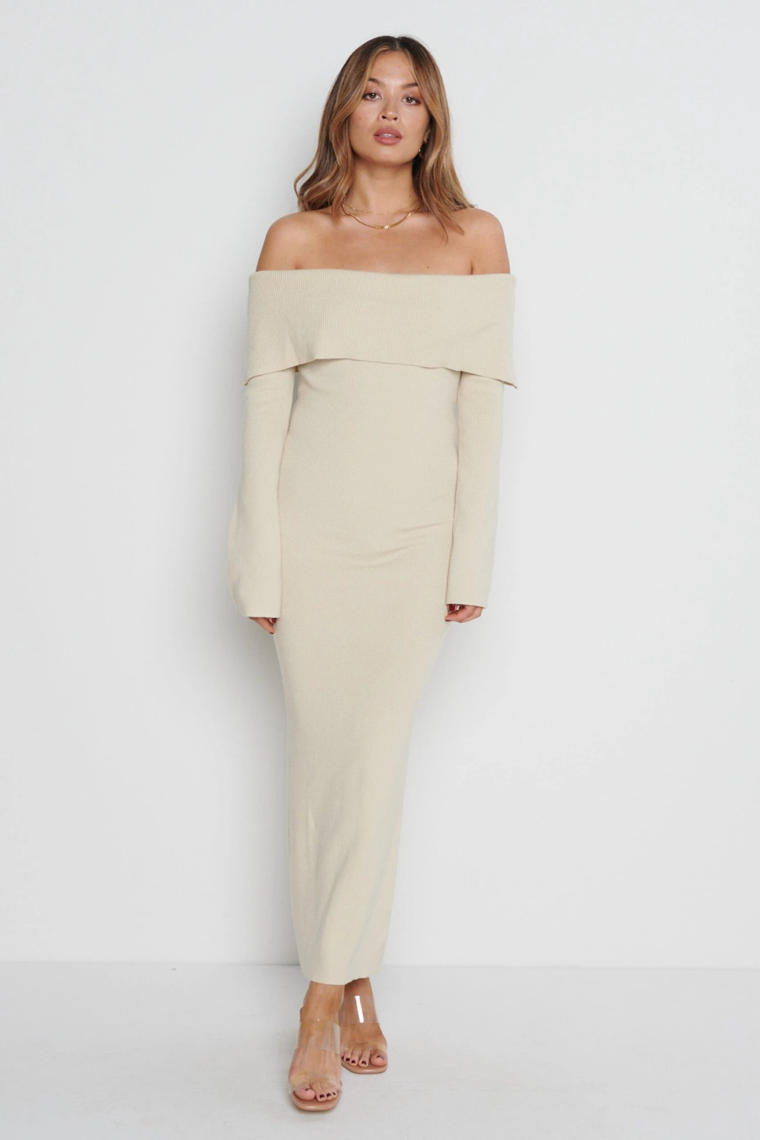 Soreya Bardot Knit Dress - Beige 3 Soreya Bardot Knit Dress - Beige - Image 3