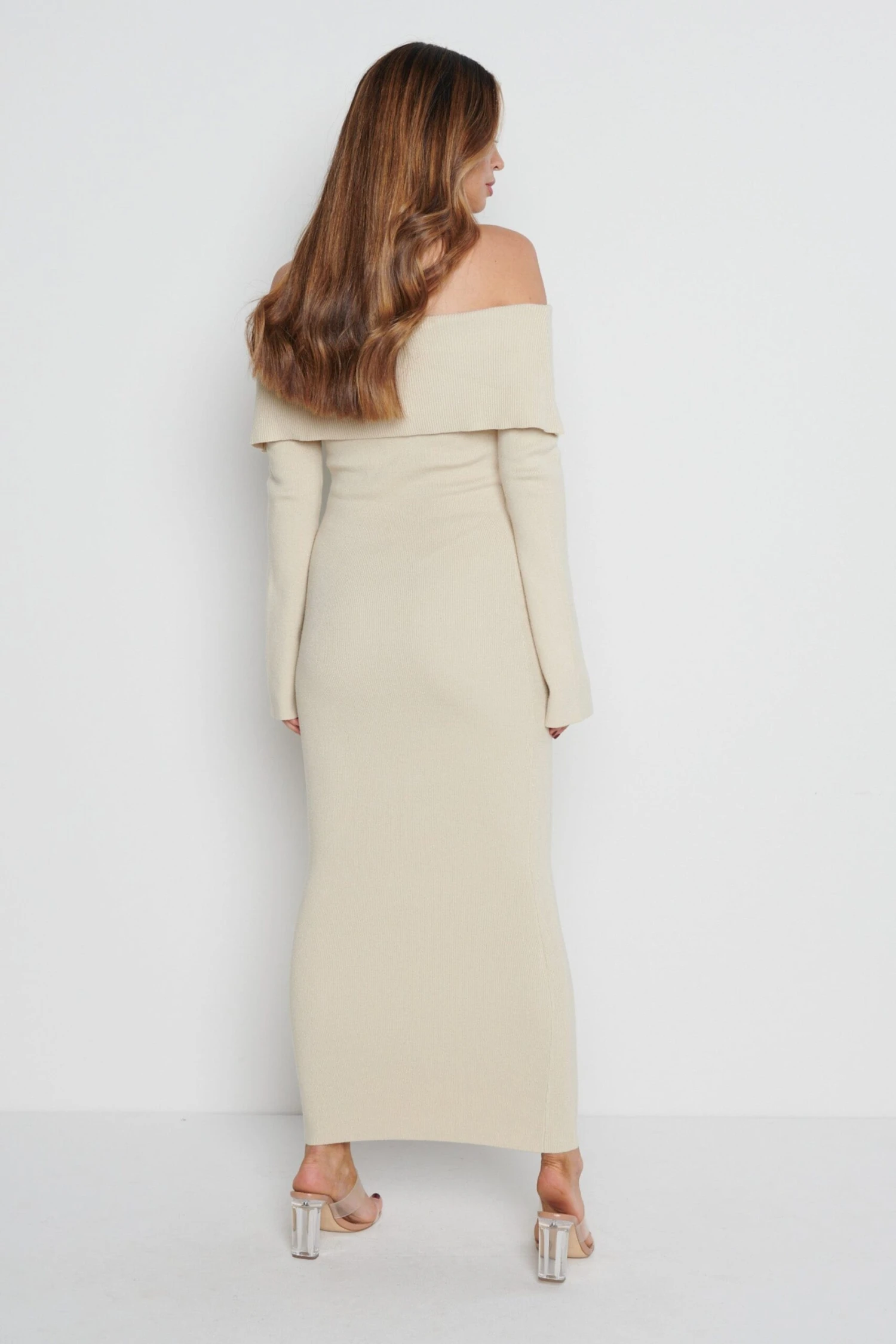 Soreya Bardot Knit Dress - Beige 2 Soreya Bardot Knit Dress - Beige - Image 2
