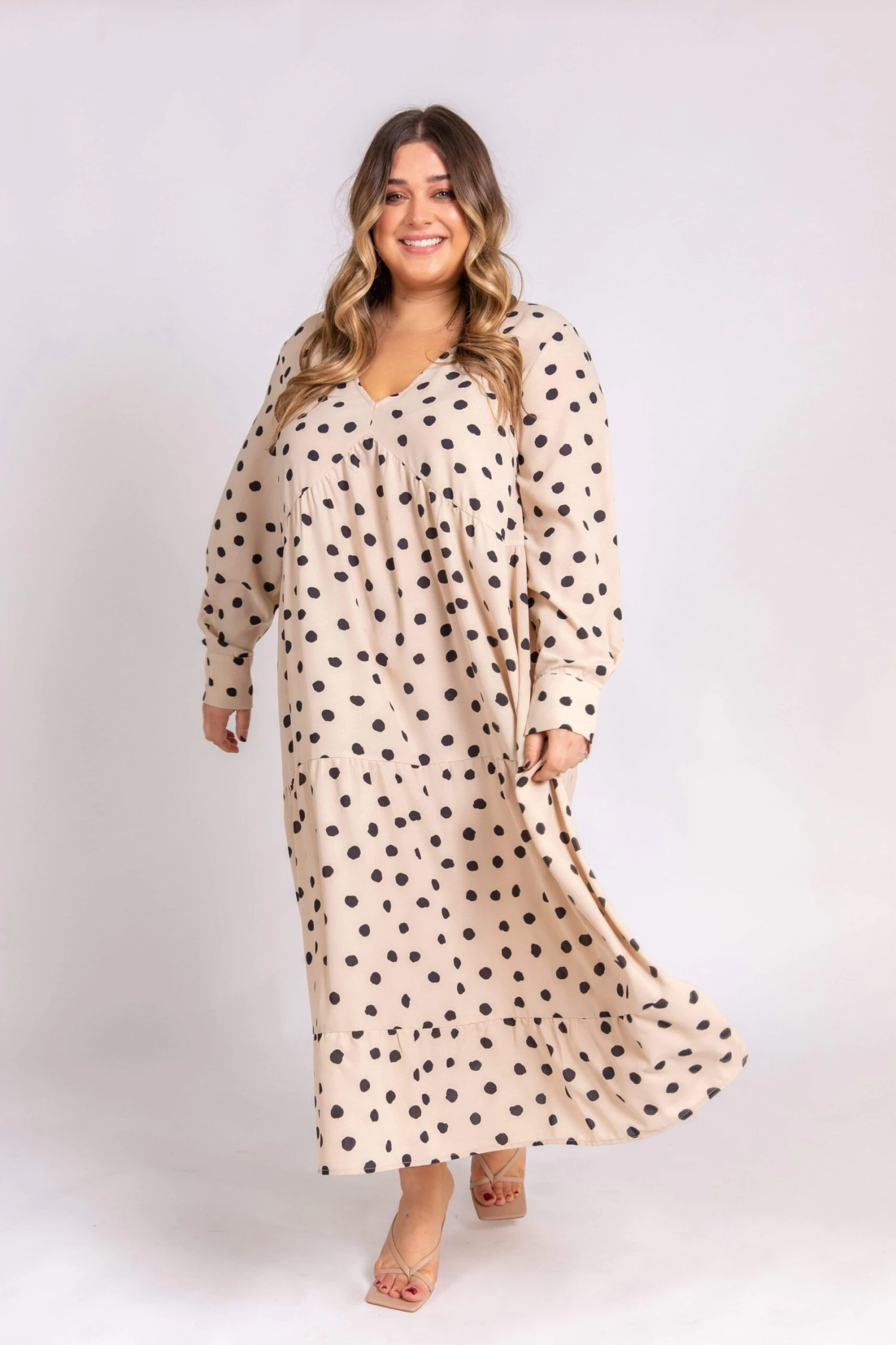 Curve Dotty Day Dress - Beige Polka Dot 4 Curve Dotty Day Dress - Beige Polka Dot - Image 4