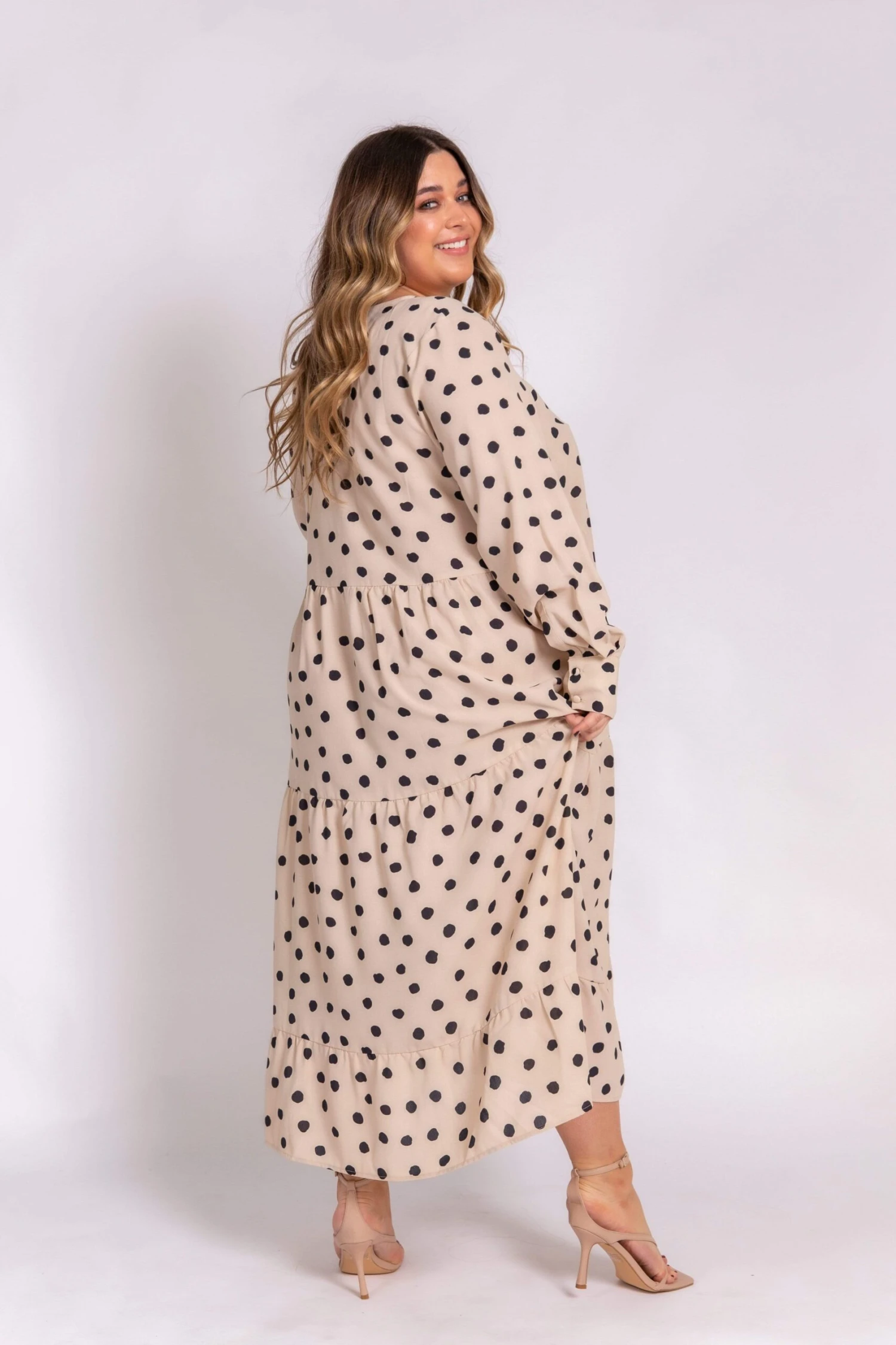 Curve Dotty Day Dress - Beige Polka Dot 3 Curve Dotty Day Dress - Beige Polka Dot - Image 3